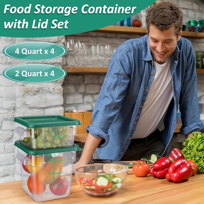 Yungyan 16 Pcs Restaurant Food Storage Containers with Lids Set 2Qt and 4Qt Commercial Restaurant Square Storage Containers Clear Food Cereal Container for Kitchen Freezer (Green Lids) - Image 4