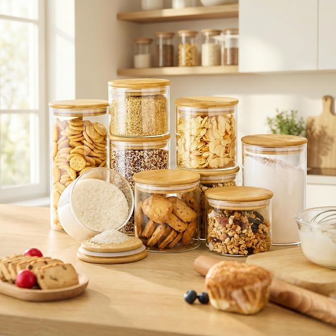 32oz & 21oz - 4 Pack Glass Jars with Bamboo Lids, Glass Pantry Storage Containers with Airtight Lids, Round Air Tigh Food Storage Canisters for Cereal, Pasta, Flour, Sugar, Best for Kitchen Organizer - Image 2