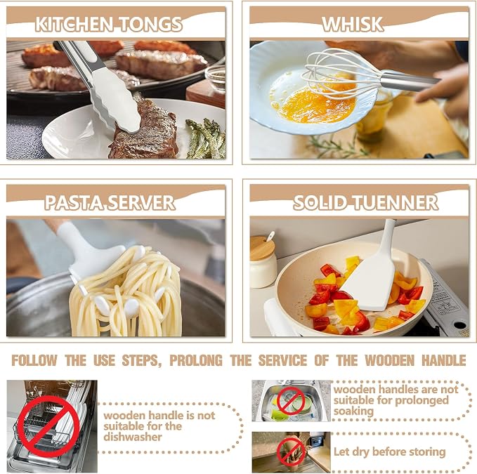 Umite Chef Silicone Kitchen Utensil Set, 34PCS Heat Resistant Kitchen Gadgets and Tools With Grater, Cream White Wood Handles for Nonstick Cookware - Image 4