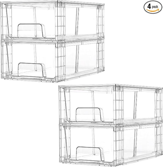 Vtopmart 4 Pack Stackable Storage Drawers,Clear Acrylic Drawer Organizers with Handles, Easily Assemble for Fridge, Bathroom,Kitchen Undersink,Cabinet,Pantry Organization and Storage | Clear Drawer Organizers with Removable Dividers for Flexible storag... by Vtopmart
