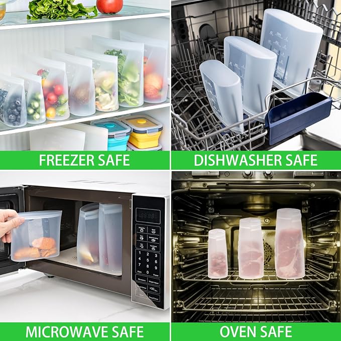 100% Platinum Silicone Reusable Food Storage Bags, 4 Pack, 17fl.oz/500ml | Premium Silicone Reusable Storage Bag, Stand-Up Wide-Mouth Ziplock, X-Small Size, Freezer Microwave Dishwasher Safe, Clear - Image 7