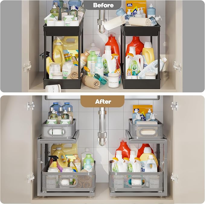 2 Pack 15.5IN-Depth Under Sink Organizer With Next-Gen Ball-Bearing Slides,2-Tier Precision Mesh Pull Out Cabinet Storage for Bathroom&Kitchen,Height Adjustable Drawers Shelf,Anti-rust-Grey - Image 6