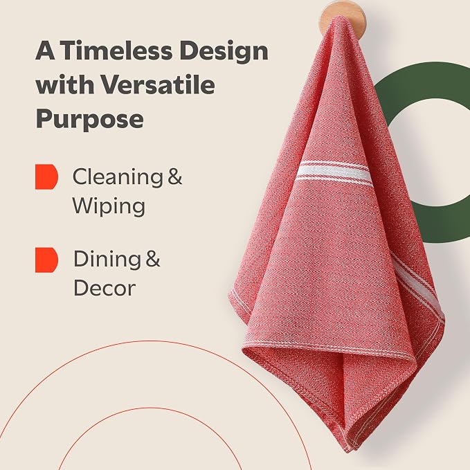 Zeppoli Classic 15 Pack 100% Natural Cotton Kitchen Towel Set, Reusable Wash Cloths, Absorbent Dish Towels, Machine Washable Hand Towels, Kitchen Essentials - 14' by 25' - Red Base - Image 5