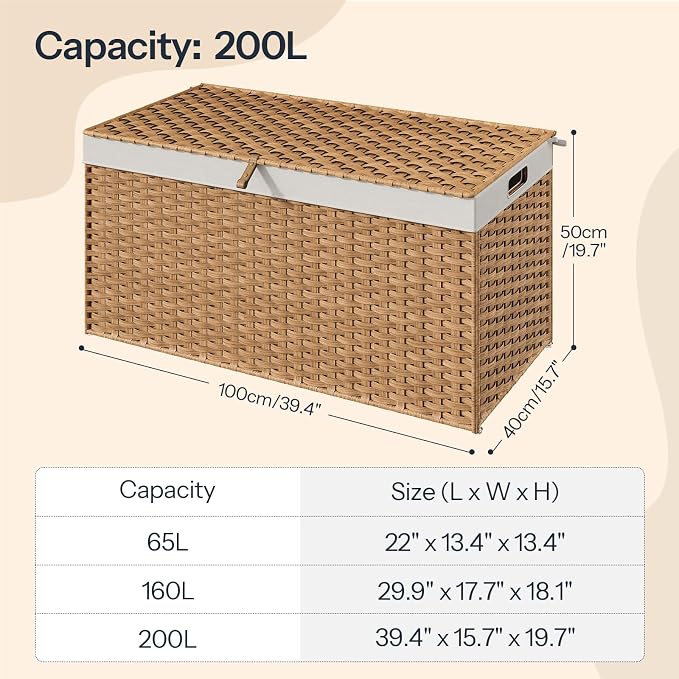 HOOBRO Storage Basket with Lid, 52.8 Gallon (200L) Wicker Basket, Handwoven Blanket Storage Basket with Handles, Metal Frame and Soft Lining, Foldable for Bedroom, Laundry Room, Natural NL220CW01 - Image 2