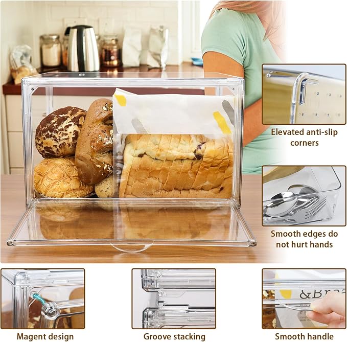 RISICULIS Large Bread Box for Kitchen Countertop, Bread Storage Container, and Utensil Organizer with Bamboo Cutting Board Lid, Clear Bin, Keeper for Homemade Bagel, Muffins, Rolls - Image 3