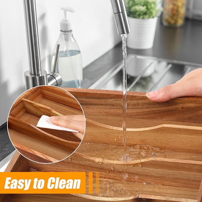 Bamboo Silverware Organizer, 12"x15.7" Utensil Holder Cutlery Tray with Grooved Drawer Dividers for Kitchen Flatware, Bedroom, Office (7 Slot, Acacia) - Image 6