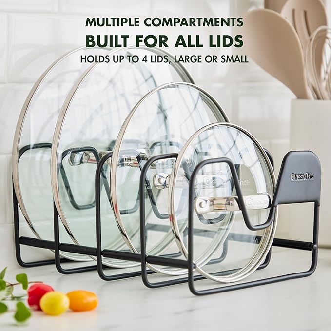 GreenPan Stainless Steel Wire Pots and Pans Lid Storage Rack, Holds 4 Lid Covers, Easy Storage, Countertop or Cabinent Organizer, Minimizes Clutter, Fast Drying, Wipes Clean, Black - Image 3