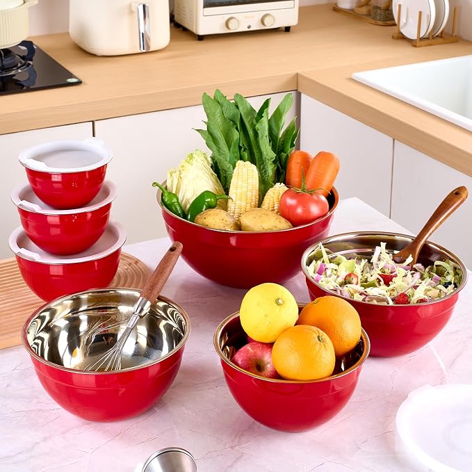 Red Mixing Bowls with Lids Set of 7, Stainless Steel Nesting Bowl with Khaki Lid for Non-slip Mixing Prepping Storing Serving, 7 Sizes-7/3.6/2.7/2.1/1.5/1/0.8 QT - Image 9