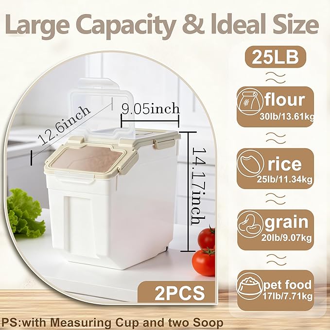RUIAN 25lb Flour Rice Storage Containers Bin, Large Airtight Storage Container with Wheels Seal Locking Lid, with Measuring Cup&Scoop for Flour, Rice, Grain(Gray 4PCS) - Image 2