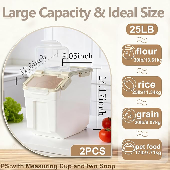 RUIAN 2Pcs Large Flour Storage Container Bin 25Lb Airtight Rice Storage Containers with Wheels Seal Locking Lid, BPA Free with Measuring Cup&Scoop for Flour, Rice, Grain (Gray) - Image 2