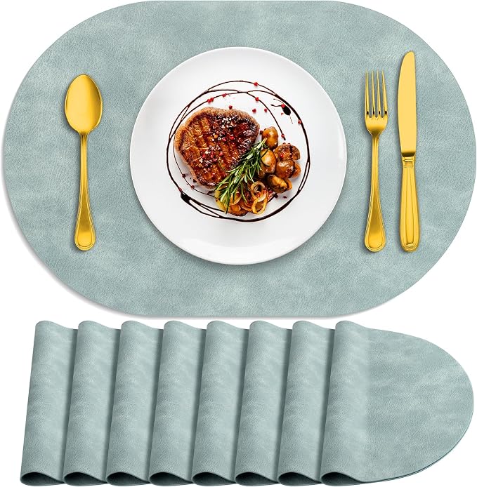 ADRIMER Placemats, Heat Resistant Oval Placemats Set of 8 Washable 12 x 17 Inch, Waterproof Table Mats, Wipeable Pu Place Mats for Kitchen, Dining Room, Light Blue by Adrimersdreamistobeanindispensablecompanioninyourlife