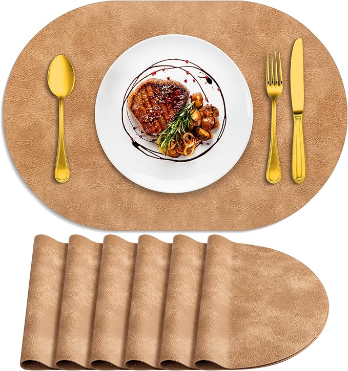 ADRIMER Placemats, Heat Resistant Oval Placemats Set of 6 Washable 12 x 17 Inch, Waterproof Table Mats, Wipeable Pu Place Mats for Kitchen, Dining Room, Light Brown by Adrimersdreamistobeanindispensablecompanioninyourlife