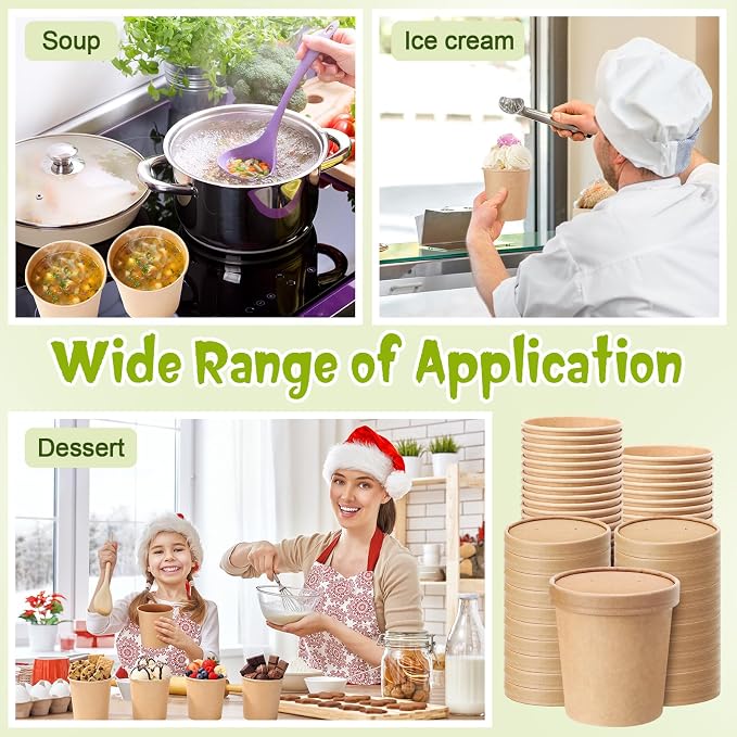 Fulmoon 100 Pack Paper Soup Containers with Lids Disposable Paper Food Containers with Vented Lid Kraft Ice Cream Cake Dessert Cups Soup Bowl for Party Hot Food Fruit Microwave(16 oz,Brown) - Image 7