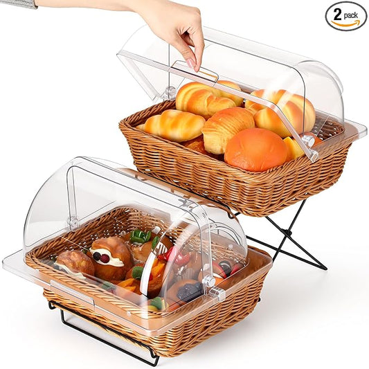 2 Pack Imitation Rattan Plastic Bread Basket, with Acrylic Lid and Metal Display Stand Rectangle Woven Fruit Basket for Food Display Tabletop, 13.78 x 9.84'' (Flip Top Food Cover) by Ziliny