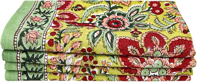 14x14 Inches Cotton Napkins Set of 4, Yellow Green, Washable Hand Block Printed Reusable Cloth Napkins for Dinning, Party, Wedding, Home Decor Autumn - Image 5