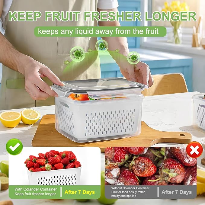 CAPHONT Fruit Containers for Fridge 6 Pcs 2-in-1 Large Fridge Food Storage Container Set with Lids with Strainer 6 Size Clear Vegetable Storage Containers Keep Fruits, Vegetables, Meat Fresh Longer - Image 5