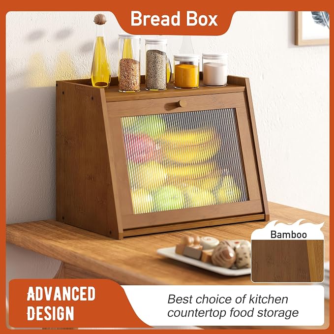 GHWIE Large Bread Box, Easy Access & Cleaning - Bamboo Bread Box for Kitchen Countertop with Acrylic Door (Coffee, Large) - Image 2