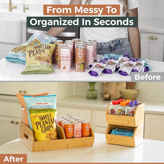 Potato and Onion Storage Bin for Pantry and Kitchen Counter - Ventilated Stackable Bamboo Organizer Baskets with Handles - Image 7