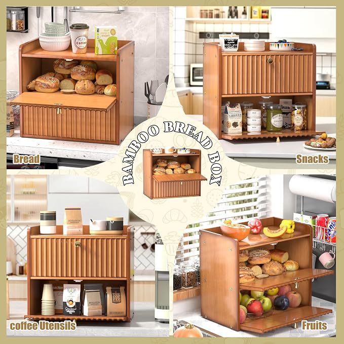 Bread Box for Kitchen Countertop, Large Bread Storage Container for Homemade Bread, Double Layer Farmhouse Breadbox Organizer, Vintage Bamboo Wooden Bread Holder Bin, Vintage - Image 7