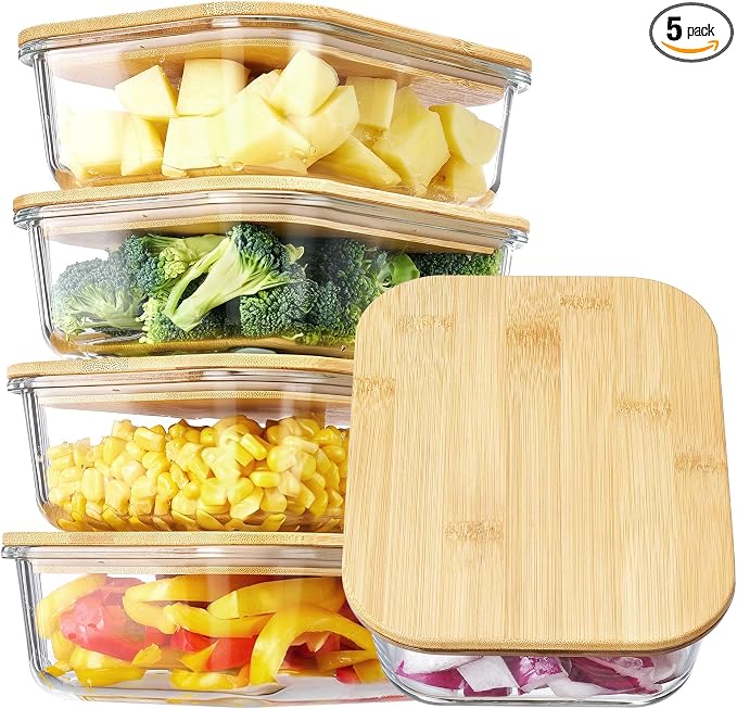 Vtopmart 5 Pack Glass Food Storage Containers with Bamboo Lids, 35oz | Reusable Meal Prep Containers for Leftovers, Lunch & Kitchen Storage, Microwave, Dishwasher Safe Glass Food Containers by Vtopmart