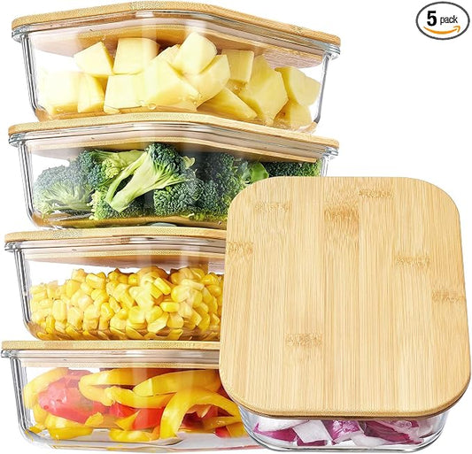 Vtopmart 5 Pack Glass Food Storage Containers with Bamboo Lids, 35oz | Reusable Meal Prep Containers for Leftovers, Lunch & Kitchen Storage, Microwave, Dishwasher Safe Glass Food Containers by Vtopmart