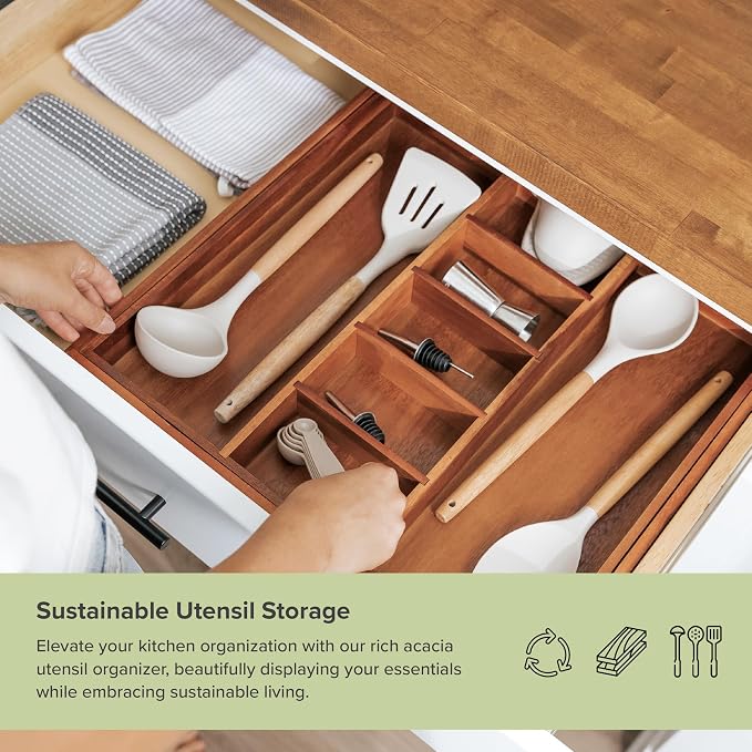 Utensil & Junk Drawer Organizer, 18.5-33 in, Acacia | Food-safe contract grade, 100% sustainable wood, non-slip, adjustable - Image 5