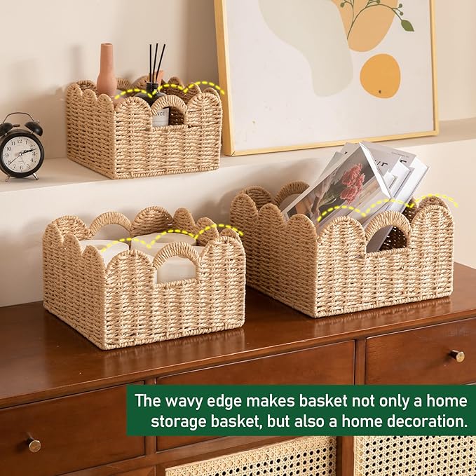 OIAHOMY Scalloped Wicker Baskets, Hand-woven Storage Baskets with Built-in Handles, Paper Rope Shelf Baskets for Organizing and Decoration, Set of 3-Yellow - Image 6