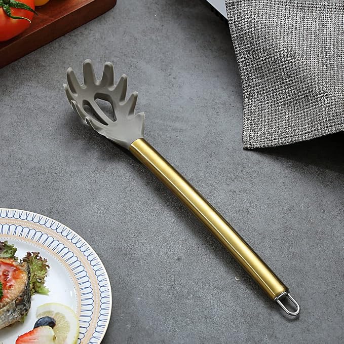 Gold Spaghetti Spoon, Berglander Non-stick Silicone Pasta Server With Titanium Gold Plating Handle, Spaghetti Server For Cooking, Pasta Fork, Noddle Fork, Dishwasher Safe, Easy to Clean - Image 2