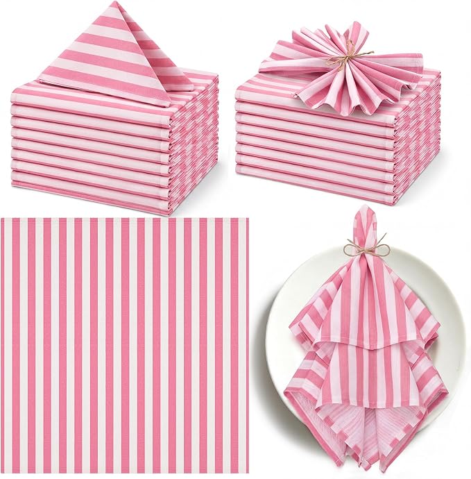 Funnymoom 12 Pcs Pink and White Striped Cloth Napkins Reusable Napkins Party Dinner Soft Absorbent for Home Table Decoration Holiday Party Kitchen Supplies by Funnymoom