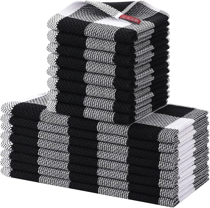 Homaxy Kitchen Towels and Dishcloths Set, Set of 16, White & Black | Bulk Cotton Waffle Weave Check Plaid Kitchen Towels, Super Soft and Absorbent Dish Cloths, 12 x 12 and 13 x 28 Inches by Homaxy