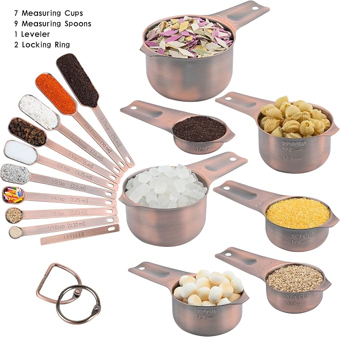 Measuring Cups and Spoons Set, Copper Plated Measuring Cups Spoons, Stainless Steel 7 Measuring cups and 9 Measuring Spoons 1 Leveler for Baking and Kitchen, Metal Copper Measure Cups&Spoons - Image 4