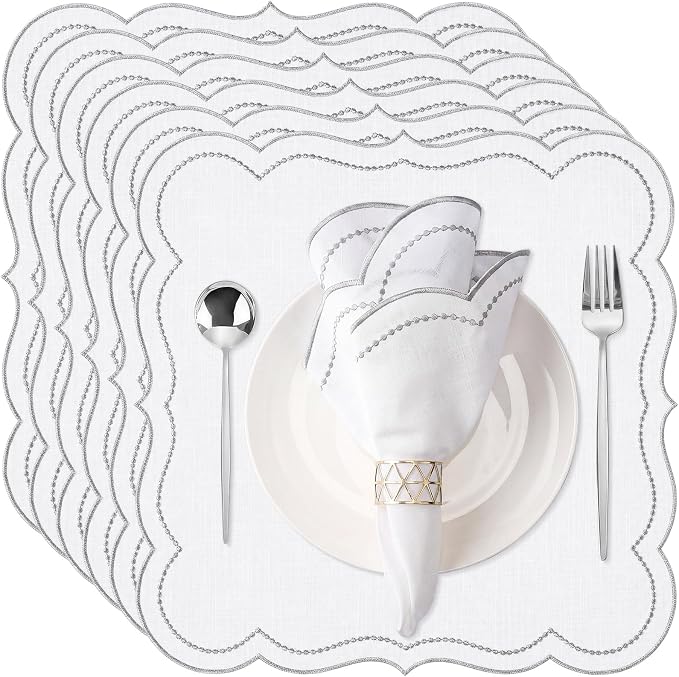 Hahafelt Cloth Napkins 18x18inches Scalloped Embroidery Cloth Napkins Washable Polyester Table Dinner for Hotel Restaurant Weddings Events Parties (Sliver,6 Set) by Hahafelt
