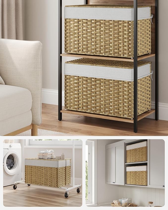 SONGMICS Storage Basket with Lid, Woven Blanket Storage Bin with Handles, Foldable, Removable Liner, Metal Frame, for Bedroom, Laundry Room, 27.7 Gallons (105 L), Natural URST066N01 - Image 3