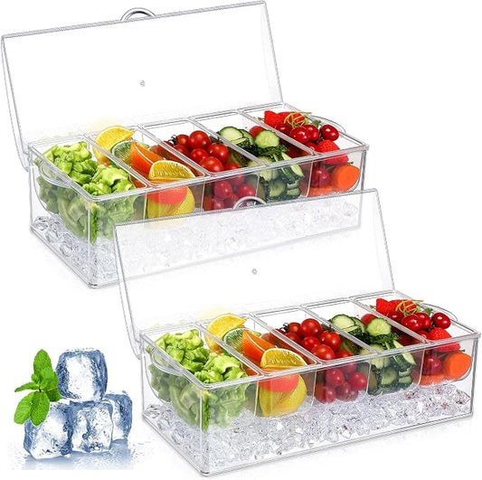 2 Pieces 5 Chilled Condiment Server with Hinged Lid Condiment Tray with Ice Chamber Cooled Compartment Container Caddy Organizer Removable Dishes for Salad Fruit Cheese Outdoor Party Bar Supplies by meekoo