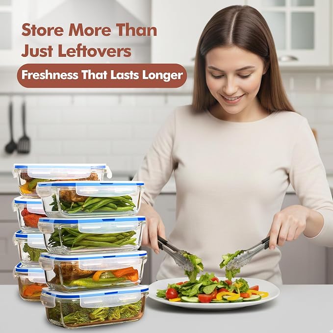 Razab 16 Pc (Set of 8) 30 Oz Glass Meal Prep Containers with Lids, Airtight Large Glass Food Storage Containers, Reusable Leak Proof BPA Free, Freezer to Oven and Dishwasher Safe - Image 2