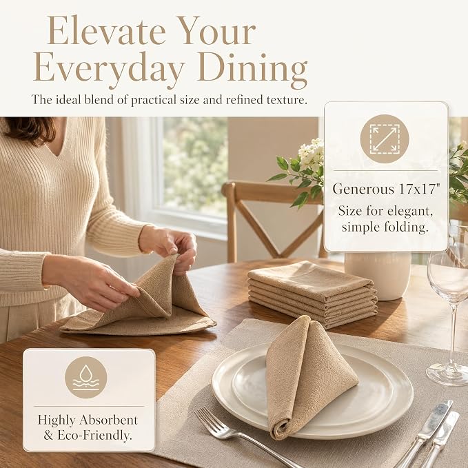 17x17 Solid Brown Cloth Napkins Set of 6 Washable Rustic Decor | Cozy up your dining room. These 17x17 reusable brown linen napkins bring a warm, earthy feel to daily family dinners. - Image 2