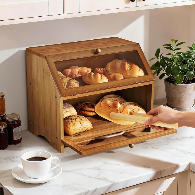MAISONPEX Double Layer Bamboo Bread Box for Kitchen Countertop, Large Capacity, Cutting Board, Stainless Steel Bread Knife, Double Layer Storage Container with Clear Windows, Walnut - Image 5