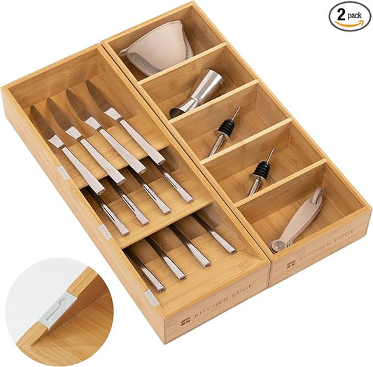 Slanted Silverware & Utensil Organizer, 2 Pack, Bamboo | 3-compartment slanted design, labeled slots, non-slip feet, sustainable bamboo by KitchenEdge