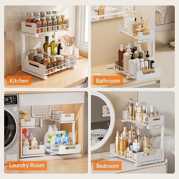 Delamu 2-Pack Under Sink Organizer, 2 Tier Pull out Under the Kitchen Sink Storage, Slide out Cabinet Organizer Shelf, Metal Sliding Drawer for Bathroom Pantry Closet Organization Rack, White - Image 8
