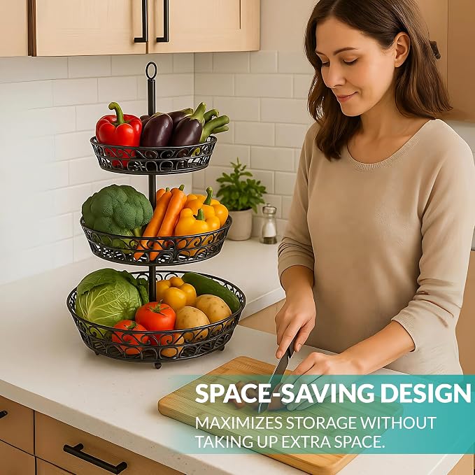 3-Tier Fruit Basket for Kitchen Counter, Stackable Metal Fruit & Vegetable Holder - Image 3