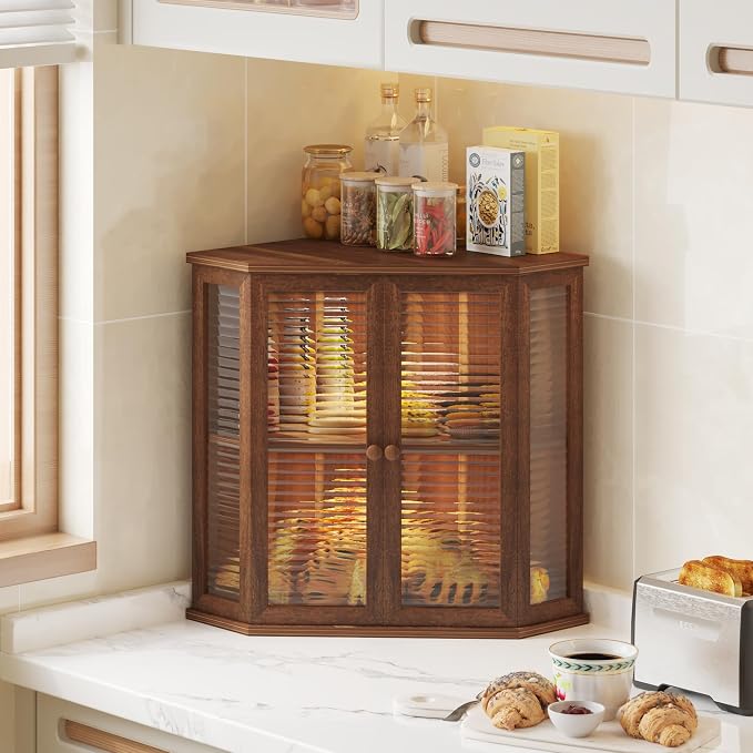 Corner bread box Bread Box for Kitchen Countertop - Corner Bread Storage Box 16.5" H, Premium Wood with Glass Door, Perfect for Homemade Bread, Baguettes & Pastries (Acacia brown) - Image 7