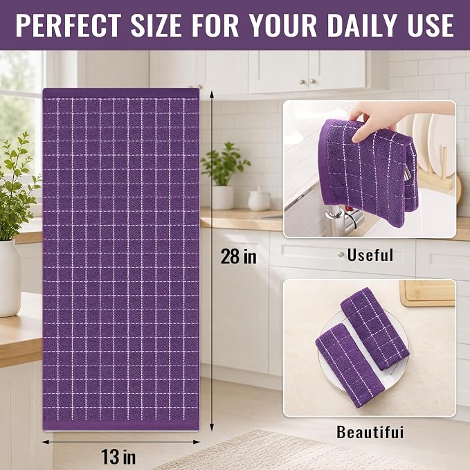 Kitinjoy 100% Cotton Terry Kitchen Towels, 13”x 28”, 6-Pack, Purple | Checkered Designed, Ultra Soft Absorbent Quick Drying Dish Towels - Image 4