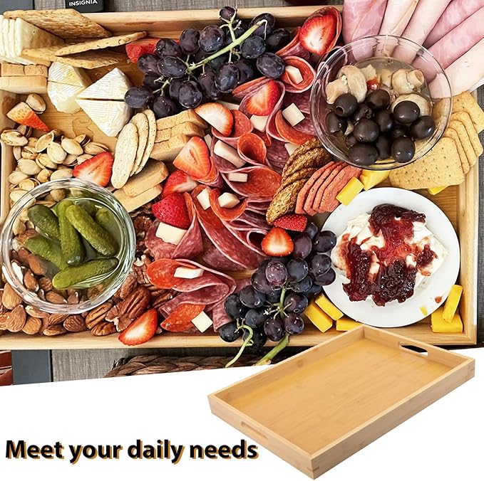 4 Pack 18 x 13 Inch Bamboo Serving Trays with Handle, 18 x 13 x 1.4inch Rectangular Bamboo Bed Trays, Large Lap Trays for Eating on Couch, Perfect for Breakfast, Tea, Bar, Dinner, and Parties - Image 5