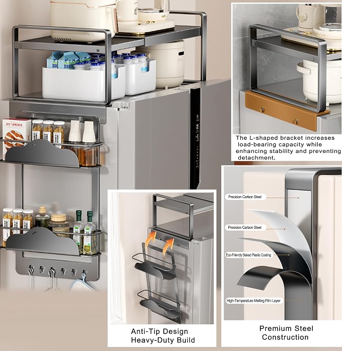 Adjustable Over The Fridge Organizer Side Magnetic Spice Rack,12.4"-23.62" Expandable Top Shelf with Hook & Magnetic Dual Fixed Spice Rack, Fits Most Large Kitchen Laundry Appliances,Dark Grey - Image 5