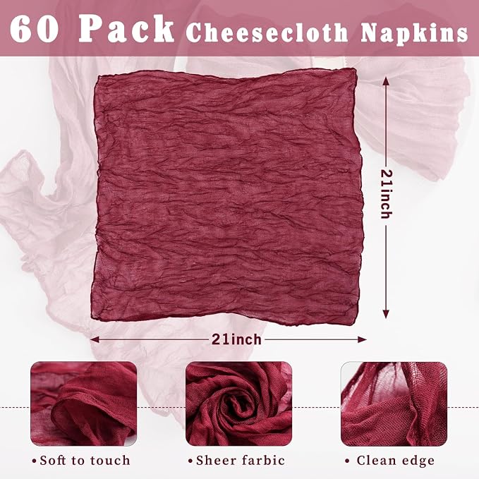 60 Pack Burgundy Cheesecloth Napkins Washable 21x21 Inches Burgundy Cloth Napkins Set of 60 Dinner Table Napkins for Wedding Bridal Baby Shower Rustic Boho Cotton Gauze Summer Party Table Decor - Image 3