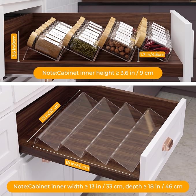 Acrylic Spice Drawer Organizer with 28 Spice Jars and 216 Labels,Non-slip Rubber, 4 Tier Spice Racks Tray Seasoning Containers for Kitchen Drawers,Cabinets,Countertops,13" Wide * 18" Deep - Image 3
