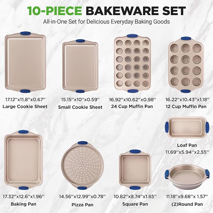 NutriChef 10-Piece Nonstick Bakeware Set - Premium Carbon Steel Baking Pan Set w/Heatsafe Silicone Handles, Includes Pizza Crisper, Loaf Pan, 12 & 24 Cup Muffin Pans, Cake Pans, Cookie Sheets - Image 4