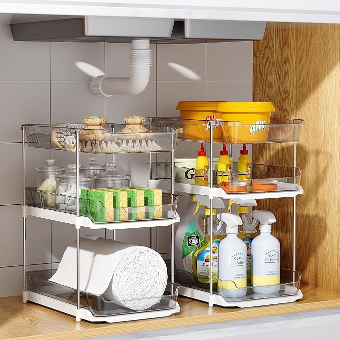 Delamu 2 Pack 3-Tier Bathroom Under Sink Organizers and Storage, Multi-Purpose Stackable Pantry Organization and Storage, Pull Out Clear Kitchen Bathroom Cabinet Organizer with Movable Dividers, Grey - Image 7