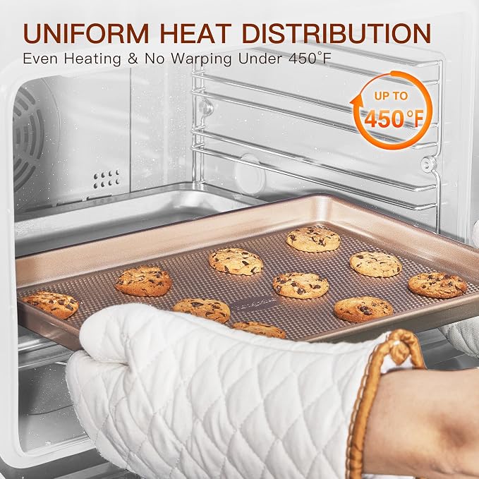 3 Pack Gold Nonstick Baking Sheet Pan Set with Oven Mitts Heat Resistant, Non-Toxic Half/Quarter/Jelly Roll Pans with Diamond Texture Pattern, Heavy Duty 0.8mm Thick Cookie Trays for Cooking - Image 8