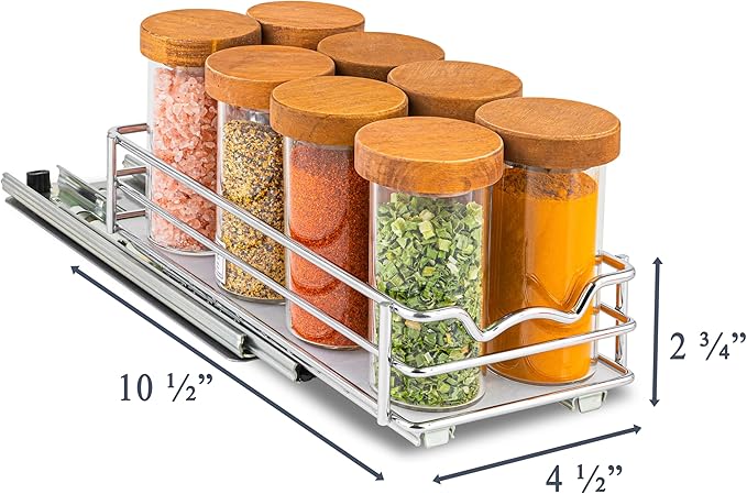 Pull Out Cabinet Organizer for Spices, Cans 4-1/2"W x 10-1/2"D x 2-3/4”H | Heavy Duty with Lifetime Limited Warranty, Pull Out Spice Rack, Cabinet Pull Out Shelf for Cans, Dishes, Etc, Easy to Reach - Image 3